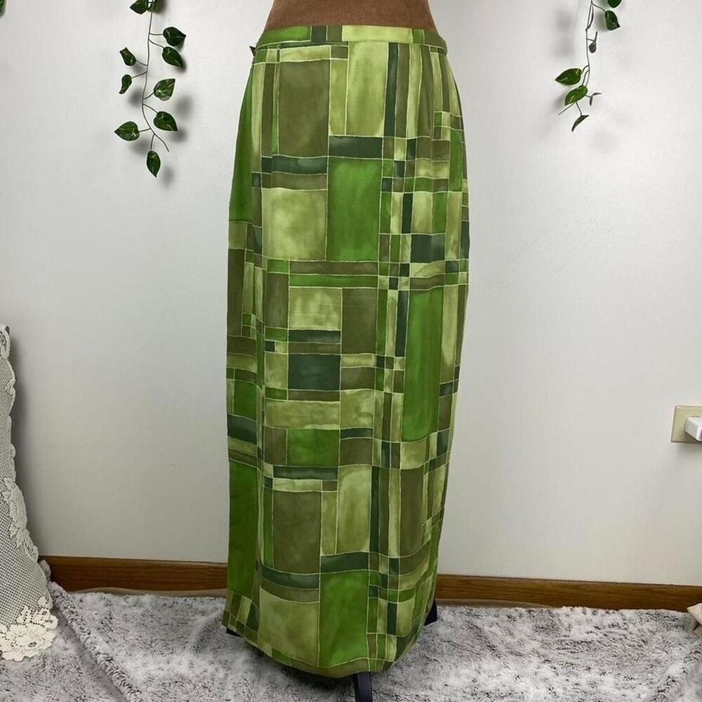 Green abstract geometric maxi skirt side slit watercolor look square pattern